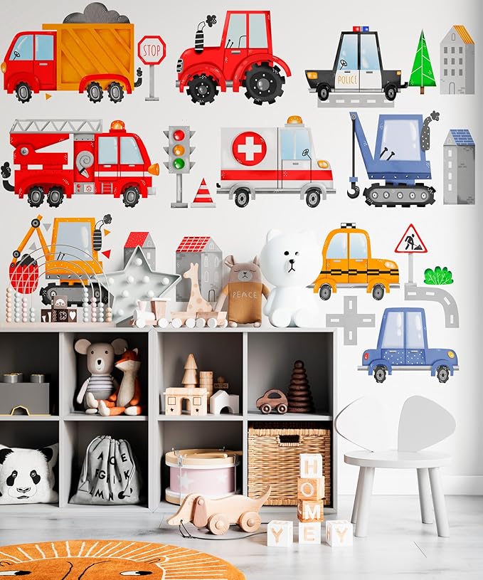 Large Car Wall Decals for Kids by Lipastick - 132 pcs Transports Wall Stickers Peel and Stick Truck Stickers - Wall Decals for Boys Kids Baby Room - Construction Cars City Wall Decor Removable L Size
