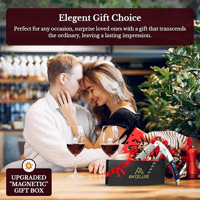 Premium AM DELUXE Waiters Corkscrew Wine Opener - Wine Key For Servers Bartenders, Heavy Duty Stainless Steel & Resin Inlay, Serrated Foil Cutter, Cork Screw Wine Bottle Opener. Magnetic Gift Box
