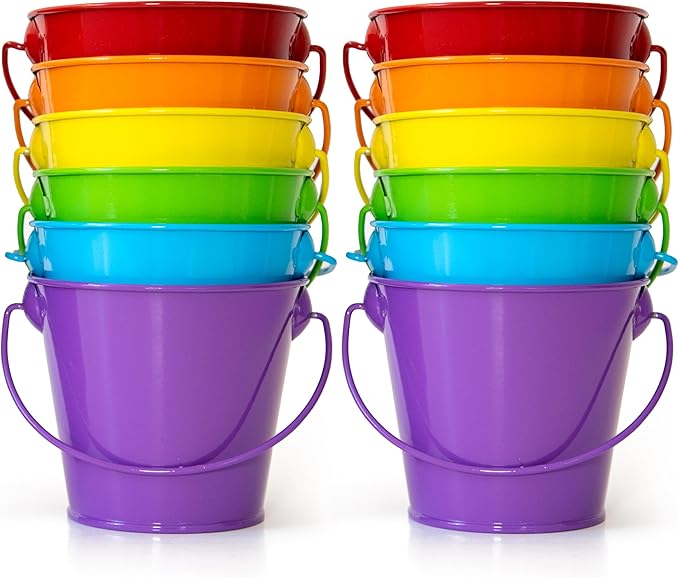 Mini Metal Buckets with Handle 12 Pcs – Galvanized Bucket Leak Proof & Rust Resistant 8 fl oz Capacity - Best for Party Décor, Organizing & Decorating Classrooms (Mini 3.3" Top, Multi)