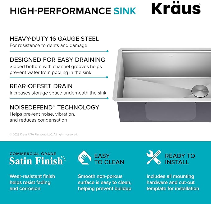 KRAUS Kore 28 Inch Undermount Workstation 16 Gauge Stainless Steel Single Bowl Stainless Steel Kitchen Sink with Accessories, KWU110-28