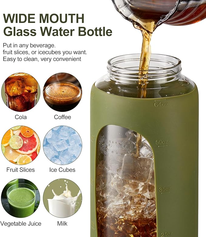 TKK 64 OZ Glass Water Bottle with Straw and Handle Half Gallon Bottle with Silicon Sleeve 2L Sports Water Bottles for Fitness, Gym, Workout, Workout - Olive