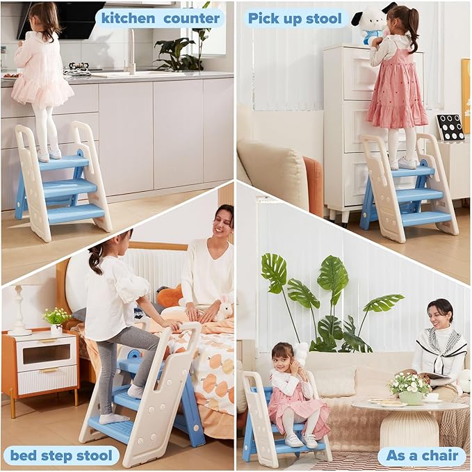 Folding Toddler Step Stool for Bathroom Sink,Adjustable 3 to 2 Step Stools for Toilet Potty Training,Sturdy Kids Step Stool for Kitchen Counter with Handle,Blue