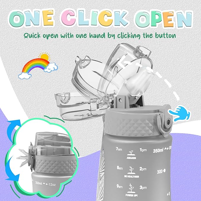 OLDLEY Kids Water Bottle for School, 12 oz (2 lids) BPA-Free Reusable Leak-proof Durable Tritan Plastic Water Bottles with Straw & Chug Lids, Anti-dust Spout Cover (Grey)