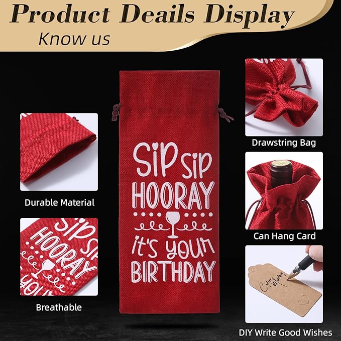SIRIPHUM Burlap Wine Bags,2PCS Birthday Wine Bottle Gift Bags,Drawstring,Gift Tags,Bottle Cover Tabletop Birthday Party Decor (“Sip Sip Hooray”-2 Colors)