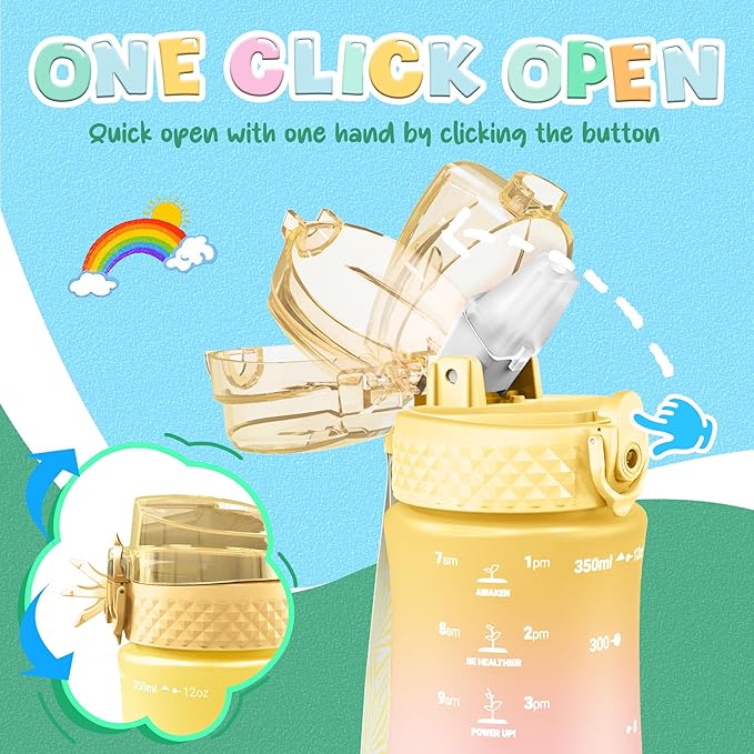 OLDLEY Kids Water Bottle for School, 12 oz (2 lids) BPA-Free Reusable Leak-proof Durable Tritan Plastic Water Bottles with Straw & Chug Lids, Anti-dust Spout Cover (Nectarine)