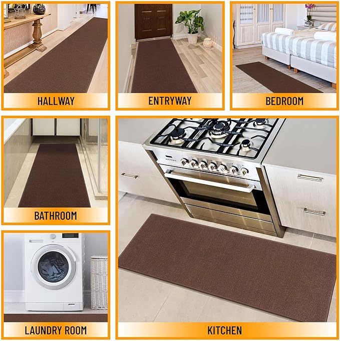 Machine Washable Modern Solid Design Non-Slip Rubberback 2x6 Traditional Runner Rug for Hallway, Kitchen, Bedroom, Living Room, 2'2" x 6', Brown