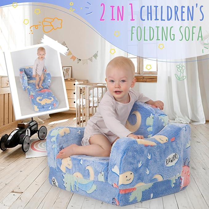 Thick Comfy Toddler Chair and Couch for Kids，2-in-1 Soft Plush Fold Out Sofa for Children，Convertible Couch to Lounger for Toddler