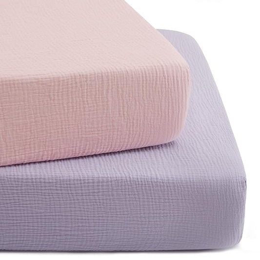 TILLYOU 2 Pack Muslin Crib Sheet for Boys and Girls - 100% Cotton Fitted Crib Sheet for Toddler Standard Crib Mattress, Soft and Breathable, 52"x28"x8",Light Purple&Light Pink