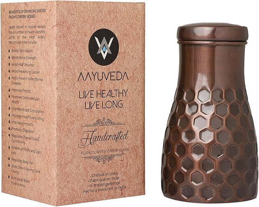 AAYUVEDA® Pure Copper Antique Honeycomb Bedroom Water Bottle 34oz, with in-Built Glass (Loose Lid)