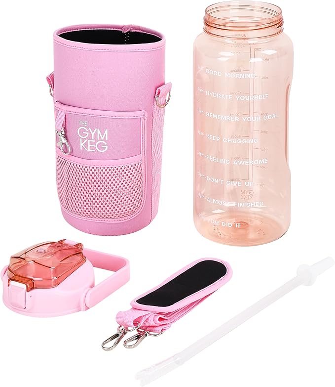 Gym Keg Water Bottle with Carrier - 74 oz Bottle Jug with Neoprene Sleeve - BPA-free & Food-Grade - Leak Proof, Durable Material - Reusable Water Jug for Workouts, Jogging, Travel, Gym - Cherry