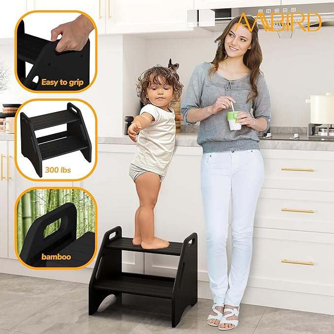AMBIRD Wooden Step Stool, Two Step Stools 300 lbs Capacity with Safety Non-Slip Pads and Handles, Bamboo Step Stool for Bathroom, Kitchen Step Stools Dual Height Step Stools for Adults (Black)