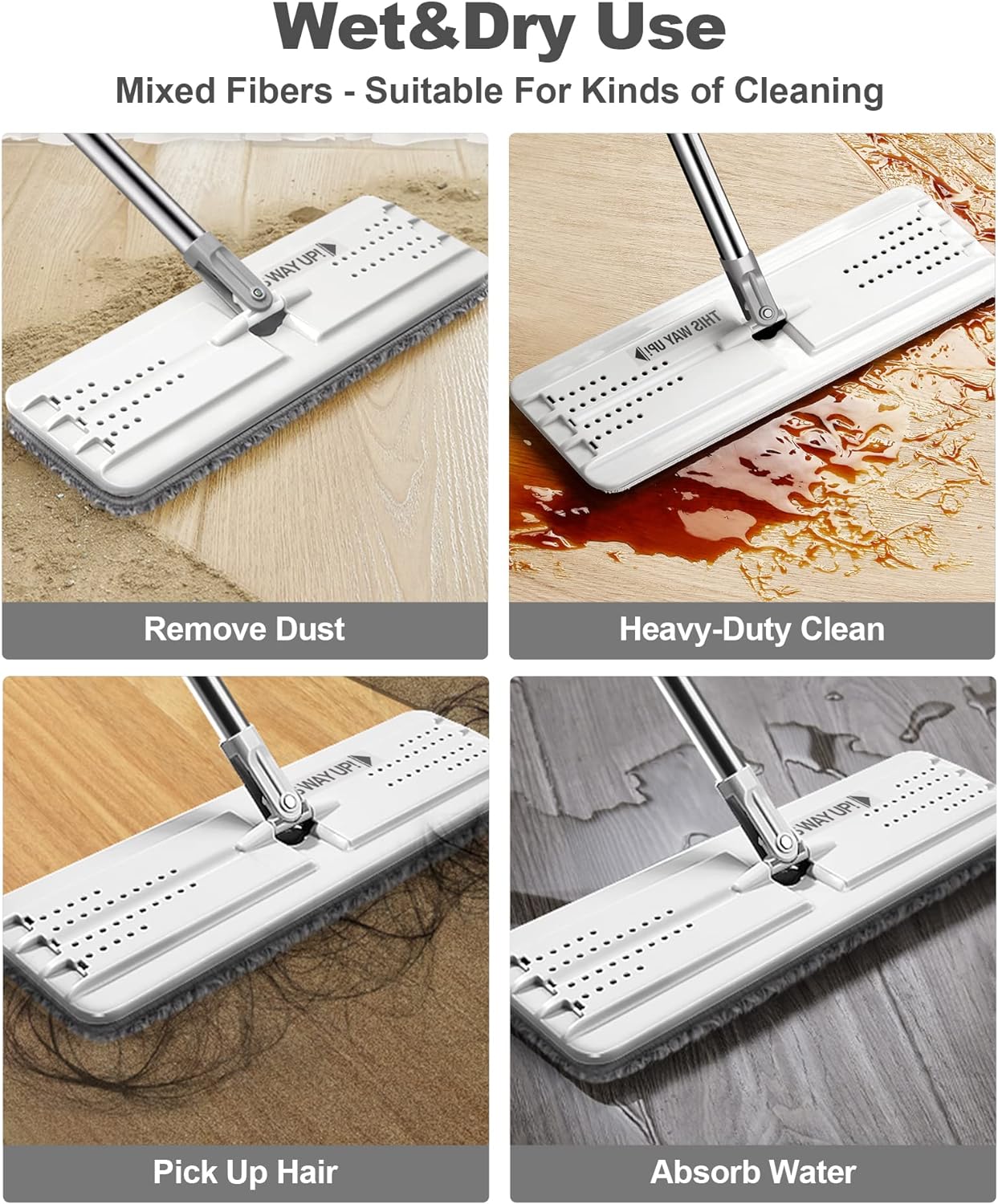 JOYMOOP Flat Mop Pads, Microfiber Mop Cleaning Pads, Washable Pads, Pads Replacement for JOYMOOP Flat Mop or Mop Bucket Set, Pack of 4 Refills 15inch - Grey and Stripe