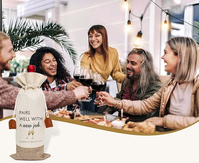 Woukaup New Job Gifts Wine Bag, New Job Wine Champagne Bag, Cotton Linen Wine Gift Bag With Drawstring, Goodbye Farewell Leaving Gifts, New Beginning Gifts for Going Away Colleagues Friend Coworker