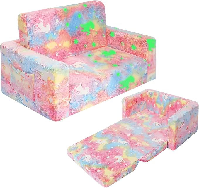Kids Couch, Fold Out Kids Sofa Chair, Toddler Convertible Sofa to Lounger Pull Out Couch, Glow in The Dark Sofa Chair for Boys and Girls (Pink Large)