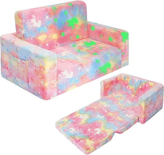 Kids Couch, Fold Out Kids Sofa Chair, Toddler Convertible Sofa to Lounger Pull Out Couch, Glow in The Dark Sofa Chair for Boys and Girls (Pink Large)