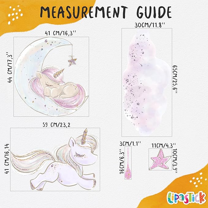 Unicorn Wall Decals for Kids by Lipastick - 209 pcs Unicorn Wall Stickers Peel and Stick - Wall Decals for Girls Kids Baby Nursery Bedroom - Kids Colorful Decals Glittered Moon Stars Clouds XXL Size