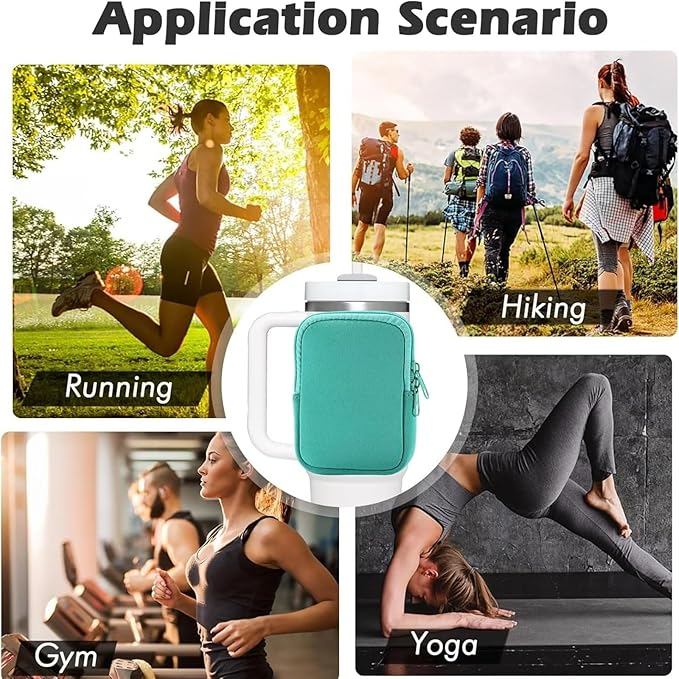 Silicone Water Bottle Pouch with Straw Covers - Water Resistant Drinking Tumbler Pouch with Zipper Compartment, Outer Storage Pocket - Fits Up to 40 Oz Jugs, Green