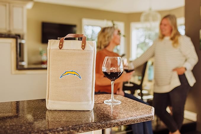 PICNIC TIME NFL Pinot - Jute 2 Bottle Insulated Wine Bag - Wine Tote Bag - Wine Gift Bag, (Beige)