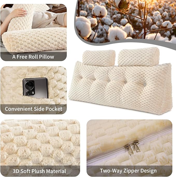 Wedge Headboard Pillow - Bed Wedge Pillow for Headboard Triangular Headboard Pillow with Neck Roll Pillow-Large Bolster Pillow for Sitting in Bed Backrest Positioning Support (Beige,76x8x20 Inches)