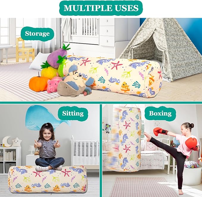 Stuffed Animal Bean Bag Storage Chair for Kids Cover Only (No Filler), Organize, Sit, Play & Boxing, 100% Cotton Canvas Washable, Ultra Soft Cylinder Long Vertical Zipper Best Gift for Child