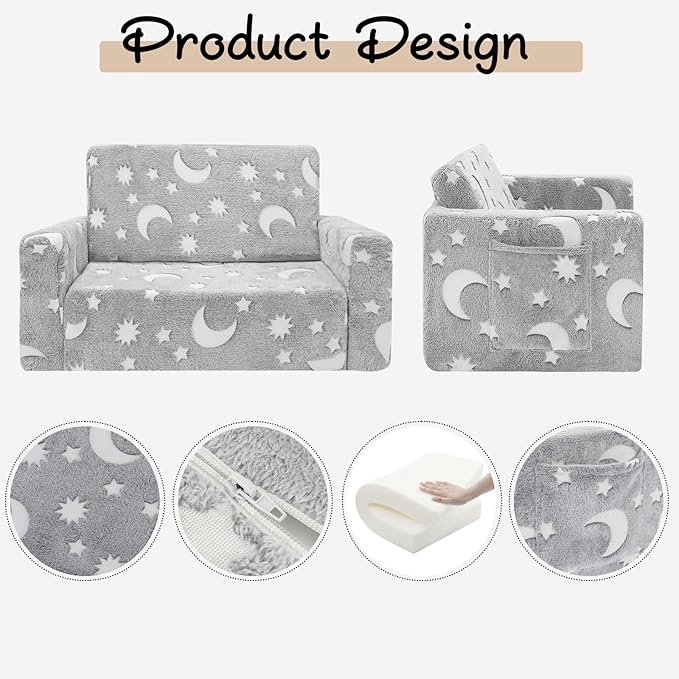 Toddler Chair, Toddler Couch, Kids Couch, Fold Out Kids Sofa Chair, Toddler Convertible Sofa to Lounger Pull Out Couch, Glow in The Dark Sofa Chair for Boys and Girls Large (Grey)…