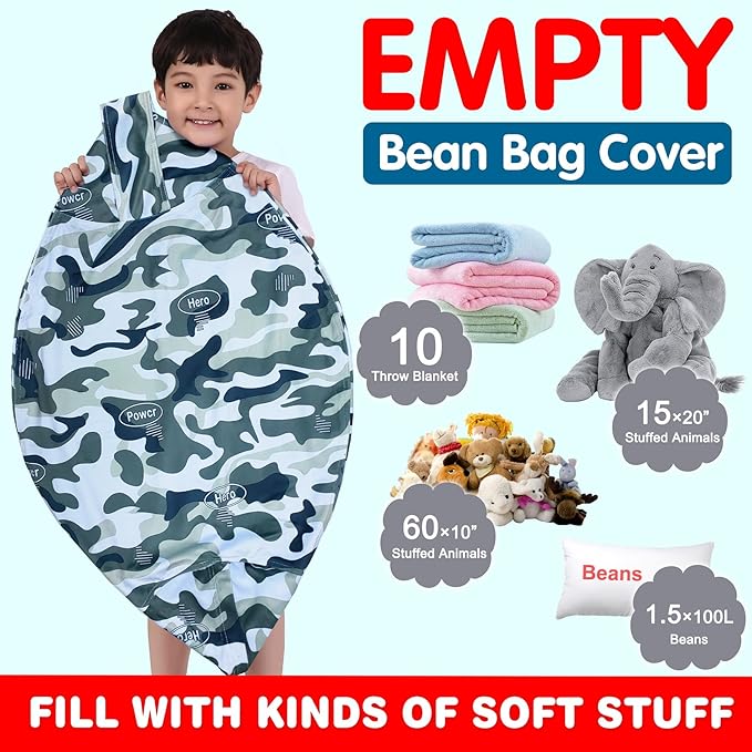Lukeight Stuffed Animal Storage Bean Bag Chair Cover for Kids, Zipper Beanbag Chair Cover for Organizing Toddler and Kids' Rooms Plush Toys (Camo Velvet, Large)