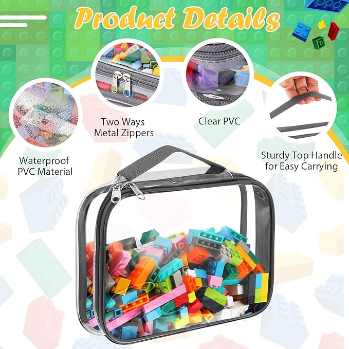 Sanwuta 3 Packs Toy Storage Bags with Zipper, Clear PVC Organizing Bags, Waterproof Toy Bags for Board Games, Building Blocks, Toys and Kids Books (Gray,12.6 x 9 x 2.36 Inch)