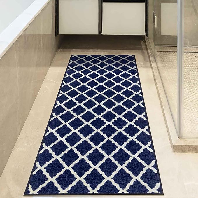Machine Washable Moroccan Trellis Design Non-Slip Rubberback 2x6 Traditional Indoor Runner Rug for Hallway, Kitchen, Bedroom, 2'2" x 6', Navy