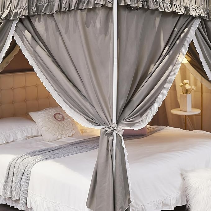 Ruffle Lace up 4 Corners Post Princess Curtain Bed Canopy Cozy Breathable Mosquito Net Cloth for Girls Adults Bedroom Decoration (Grey, 78" W*86" L*82" H/King)