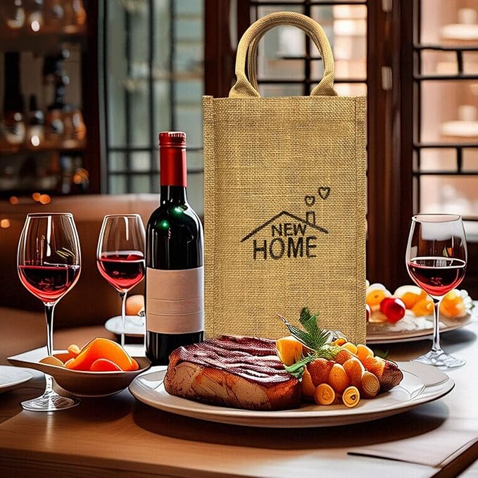 Jute Burlap Double Bottle Wine Gift Tote Bags with Soft Cotton Handles Reusable for Wedding, Parties,Birthdays
