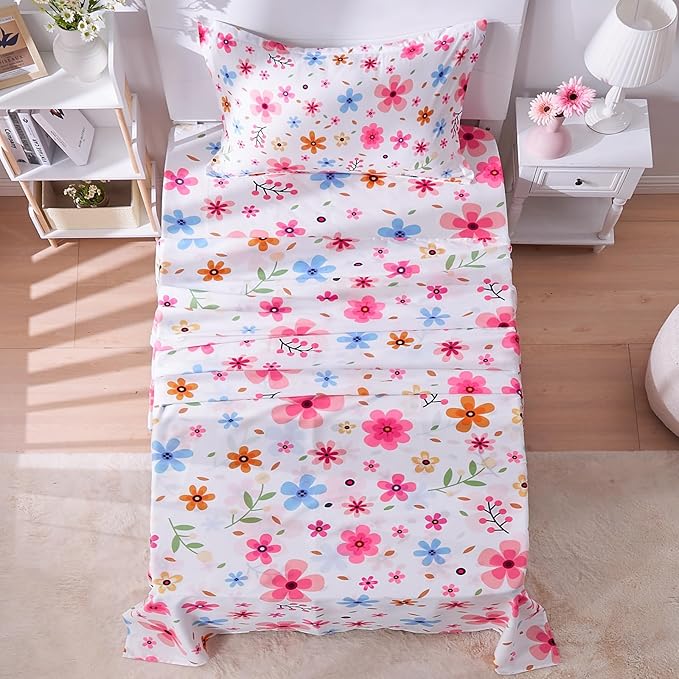 Twin Sheets Set Colorful Floral Bed Sheets Set Girls Cute Soft Microfiber Cooling Sheets 3 Pieces Kids Twin Size Bed Set Wrinkle Free, 15 inch Deep Pocket Fitted Sheet, Flat Sheet, Pillowcase