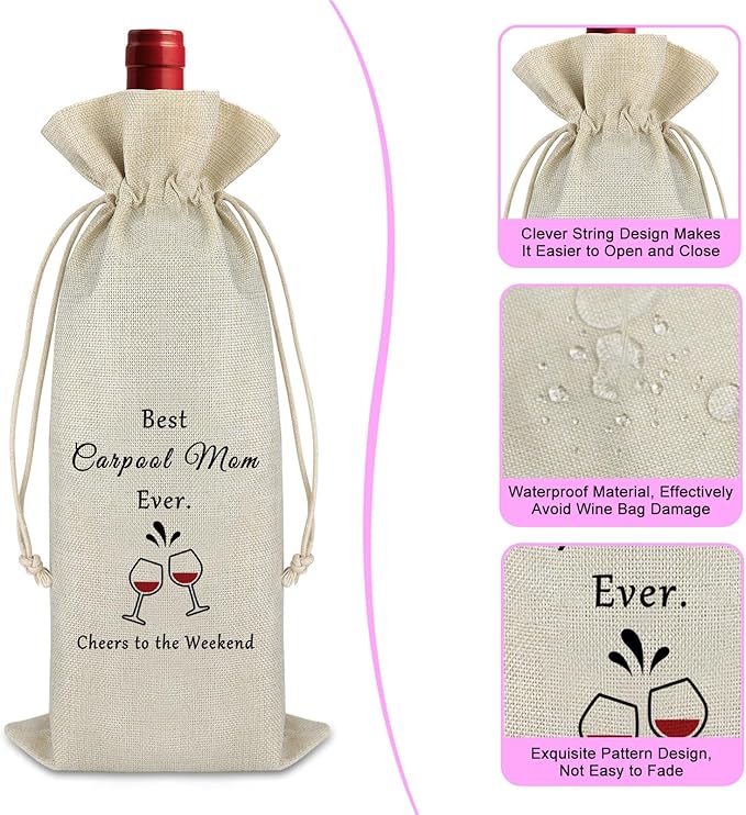 Gfhzdmf Mother's Day Gift for Mom Carpool Mom Wine Bag Birthday Gift for Mom Mother in Law Christmas Holiday Vocation Gift for Women Thank You New Year Gift for Mommy Mama Cotton Burlap Wine Wrap Bag