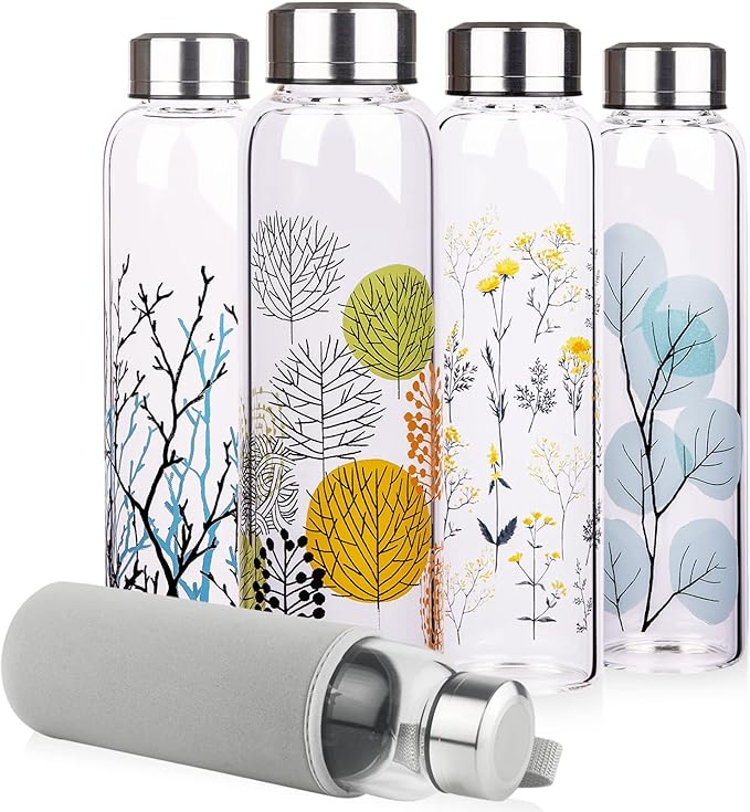 Borosilicate Glass Water Bottle, Sports Glass Drinking Bottle with Neoprene Sleeve and Stainless Steel Lid 16oz / 32oz (16oz, Forest)