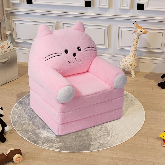 Kids Sofa Chair for Toddler, 2-in-1 Folding Soft Baby Couch with Removable Cover, Comfy Plush Children's Recliner, Convertible Floor Sofa Bed to Lounger for Girls Boys Age 1-3,Cat Pink