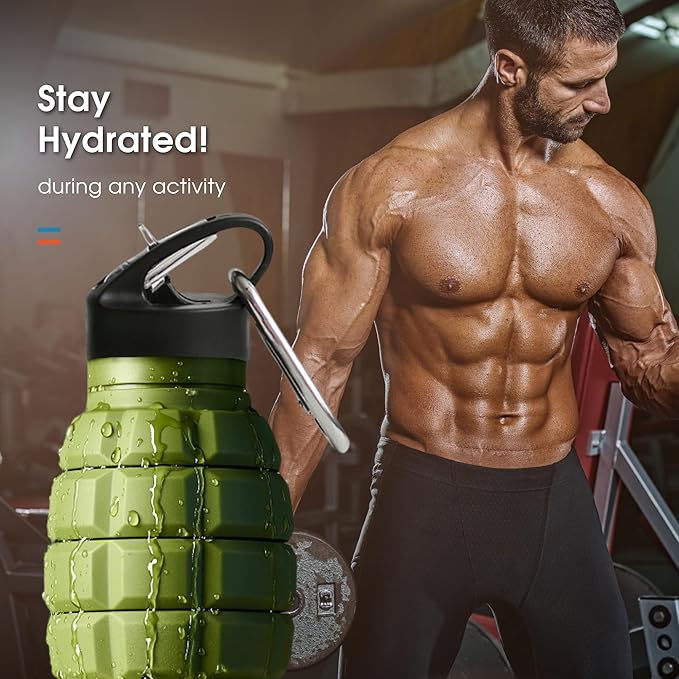 Collapsible Water Bottle 19.6 oz Leak Proof - 2 Lids, Carabiner, Gift Box - Reusable Silicone Water Bottle Men for Dad Birthday Gift - Foldable Travel Water Bottle for Gym & Sport - Green Accessories