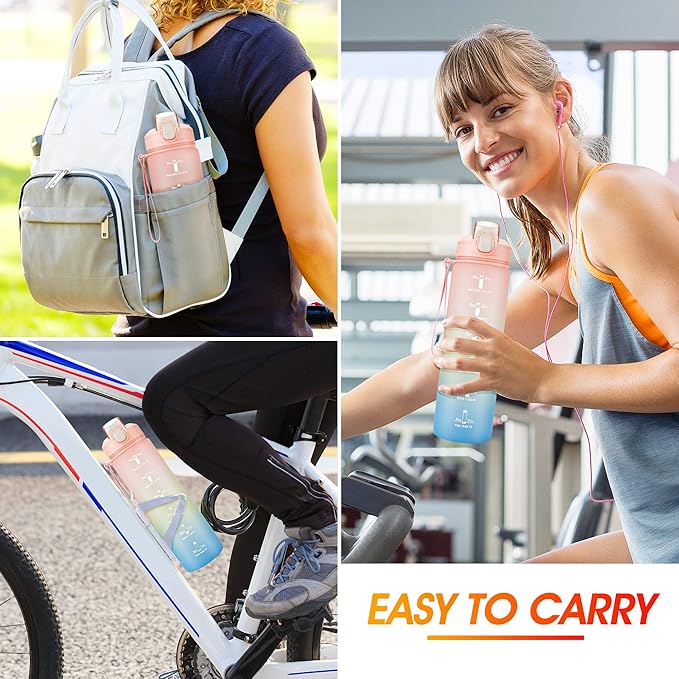 Motivational Water Bottle with Time Marker- 32oz Water Bottles with Times to Drink, Leakproof & BPA Free Sports Water Bottle with Straw & Carry Strap for Fitness, Gym, and Outdoor Sports