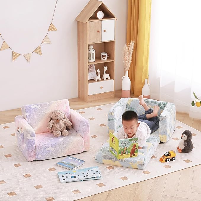 Tiita Kids Sofa, 2-in-1 Kids Sofa Chair, Convertible Children Couch to Lounger, Flip Out Kids Sofa Chair, Toddler Armrest Chair Bed for Girl or Boy(Dark Grey Dinosaur)