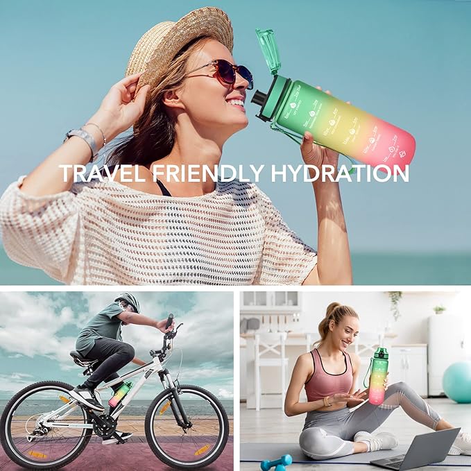 GOSWAG 32oz Motivational Water Bottles with Time Marker and Fruit Strainer, Sports Water Bottle with Times to Drink, Leakproof, Reusable Plastic Bottle with Strap no Straw for Gym, School