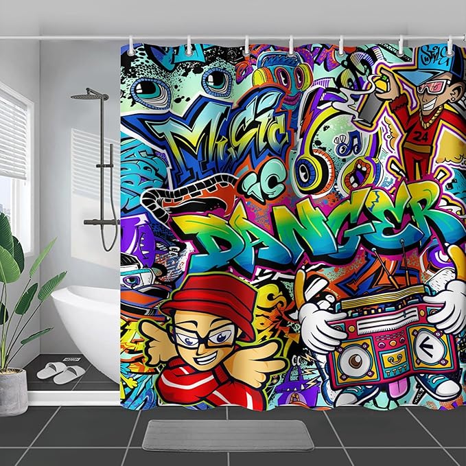AILONEN Hip Hop Graffiti Shower Curtain for Bathroom,Colorful Graffiti Music Dancer Bathroom Curtain for Kids Boys Girls,Bath Curtain 72" W*72" H Polyester Waterproof Bathroom Curtain with 12 Hooks