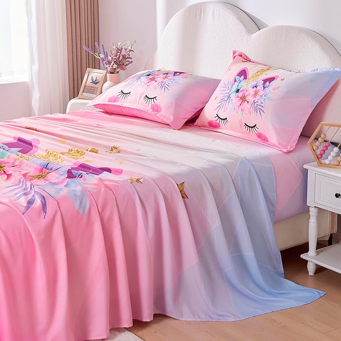 VIVILINEN Full Size Sheet Set 4 Piece Kid Sheets Set for Girls Pink Unicorn Full Bed Sheets Set for Teens Bedding Set Include Flat Sheet, Deep Pocket Fitted Sheet and Pillowcase