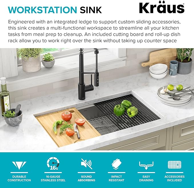 Kraus KWU110-32/5.5 Kore ADA Workstation 32-inch Undermount 16 Gauge Stainless Steel Single Bowl Kitchen Sink with Accessories, 32 Inch