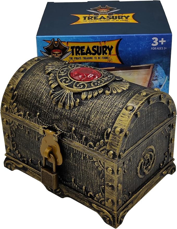 Kids Pirate Treasure Chest Storage Box,Red Rhinestone Inlaid Top Decorative Pirate Chest with Lock and Key for Kids Birthday,Halloween, Christmas Pirate Party Favors