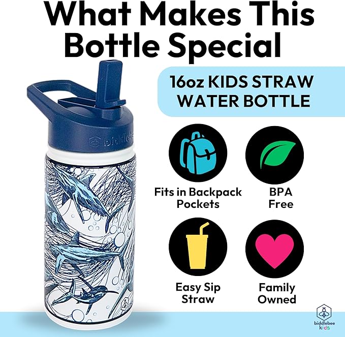 Biddlebee Kids Water Bottle with Straw Lid | 14oz Insulated Stainless Steel Reusable Bottles for School | Leak Proof Cap with Handle & Touch Free Spout | Great for Boys & Girls (Sharks)