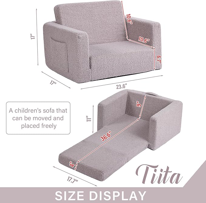 Tiita Kids Sofa, 2-in-1 Kids Sofa Chair, Convertible Children Couch to Lounger, Flip Out Kids Sofa Chair, Toddler Armrest Chair Bed, Folding Kids Play Sofa for Girl or Boy (Grey)