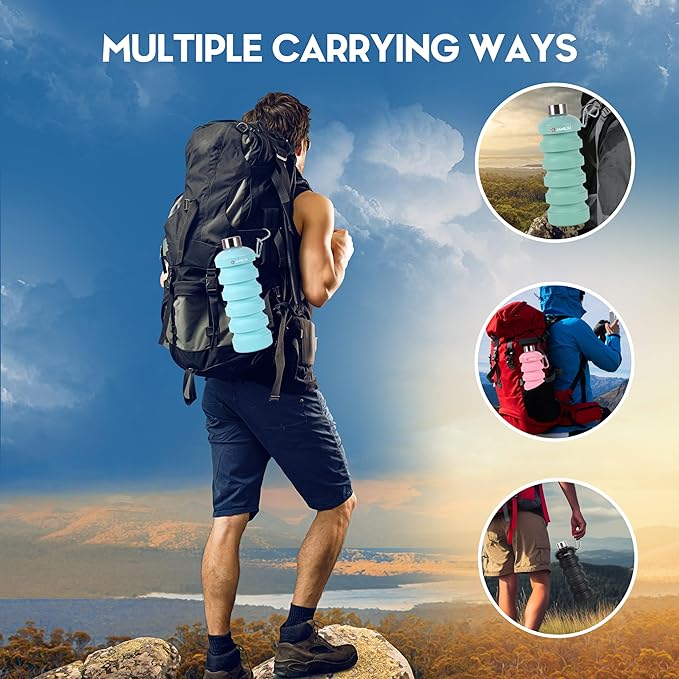 JaneJu Collapsible Water Bottle, 32oz BPA Free Silicone Reusable Portable Lightweight Foldable Water Bottles with Carabiner, Leak Proof Sports Water Bottle with Stainless Twist Cap (Black)