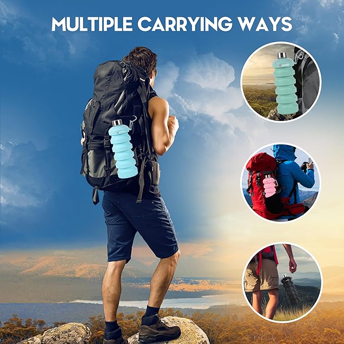 JaneJu Collapsible Water Bottle, 32oz BPA Free Silicone Reusable Portable Lightweight Foldable Water Bottles with Carabiner, Leak Proof Sports Water Bottle with Stainless Twist Cap (White)