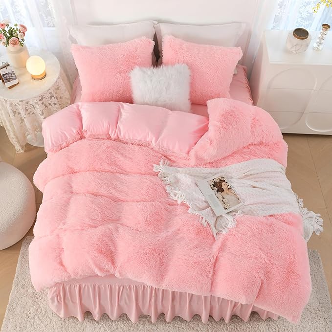 Litanika Pink Fluffy Comforter Queen Size, Luxury Shaggy Faux Fur Bedding Set Cute for Women Girls, Ultra Soft Velvet Fuzzy Comforter Queen Bed 3 Pieces(1 Plush Comforter 90×90 Inch, 2 Pillowcases)
