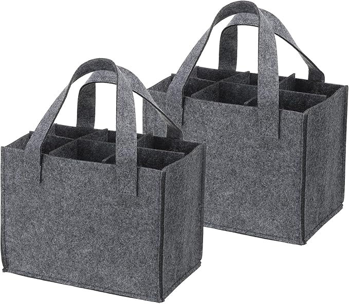 PATIKIL 6 Bottle Wine Carrier Tote Bag, 2 Pack Wine Bottle Carrying Bag with Divider Reusable Wine Storage Bag Felt Grocery Bags Portable Gift Bag, Grey