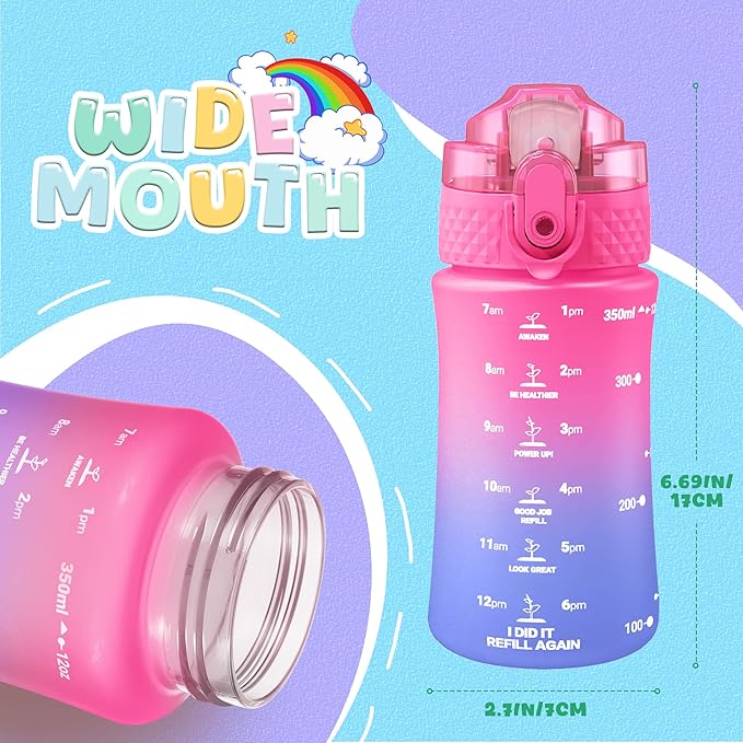 OLDLEY Kids Water Bottle for School, 12 oz (2 lids) BPA-Free Reusable Leak-proof Durable Tritan Plastic Water Bottles with Straw & Chug Lids, Anti-dust Spout Cover (Sunset Glow)