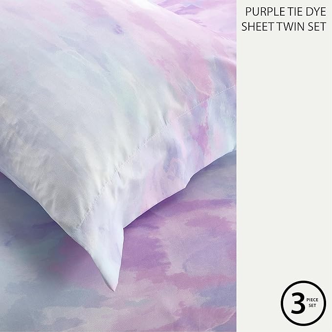 Heritage Kids 3 Piece Sheet Set, Including Top Sheet, Fitted Sheet and Pillow Case, Purple Watercolor Tie Dye, Twin